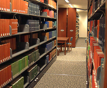 Courthouse library storage on powered mobile shelving system