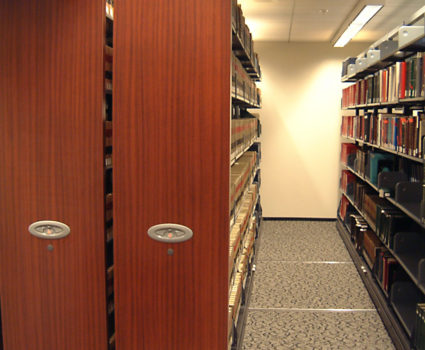 Courthouse library storage on powered mobile shelving system